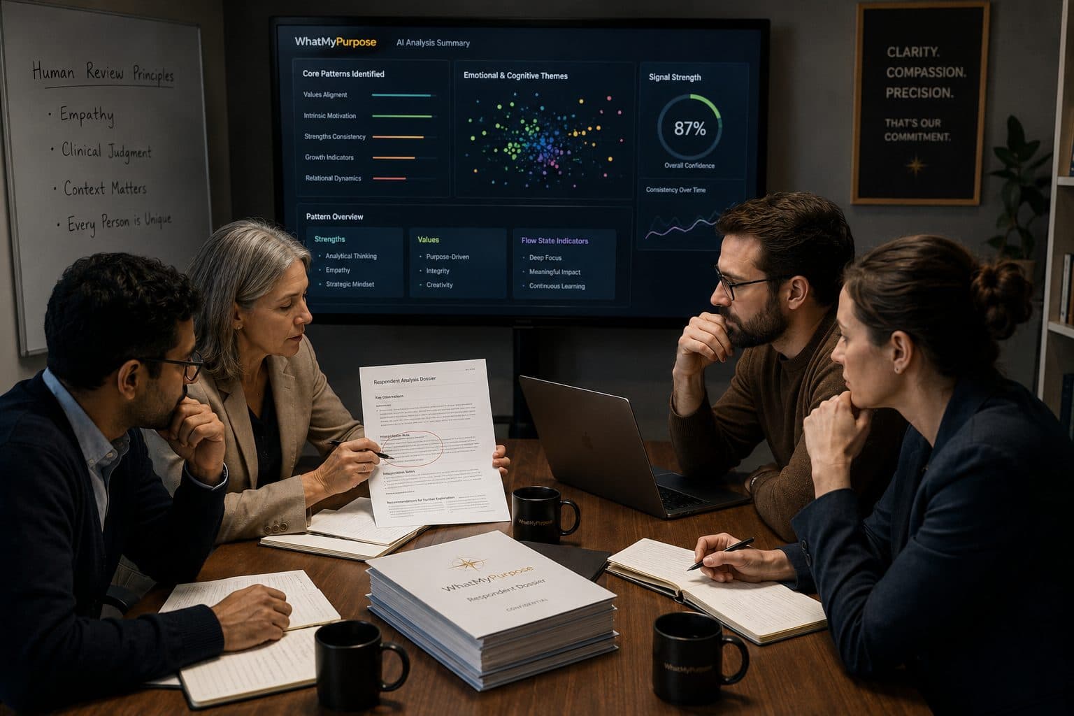 Our clinical review team examining an AI analysis summary and respondent dossier around a table, guided by principles of empathy, clinical judgment, and context.