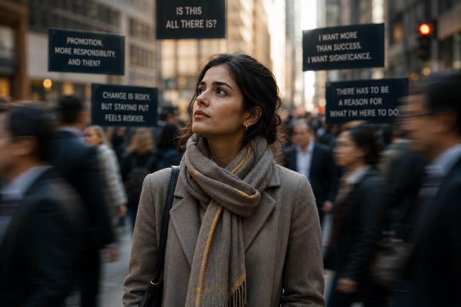 A woman pauses in a busy city crossing, surrounded by the questions many people quietly carry: is this all there is? There has to be a reason for what I'm here to do.
