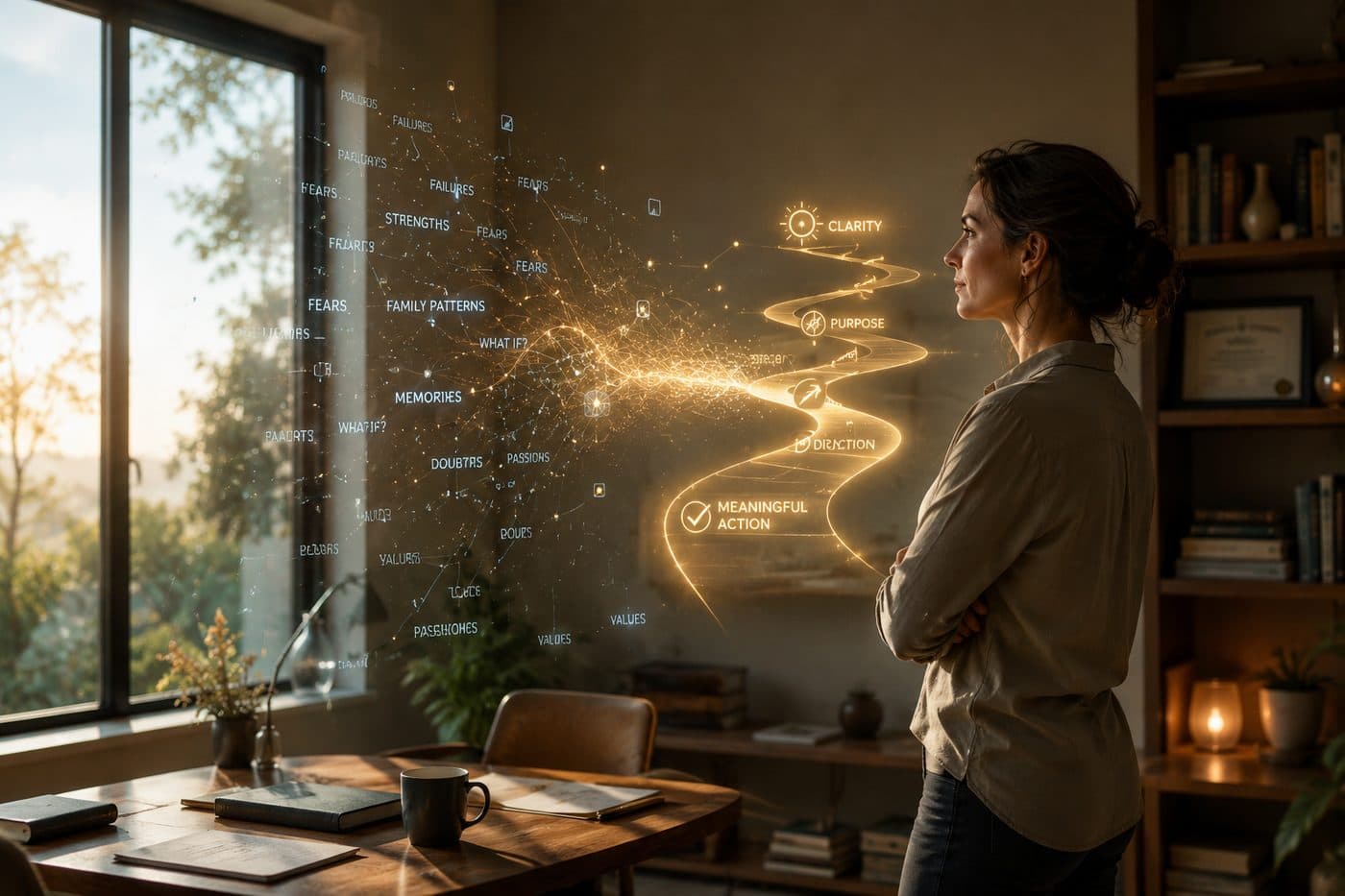 A woman looking toward a path of light labeled clarity, purpose, direction, and meaningful action, rising out of scattered fears, memories, and values.