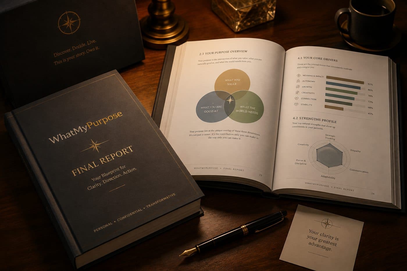 The finished WhatMyPurpose report — a bound final report open to a purpose-overview page with a values venn diagram and a core-drivers chart.